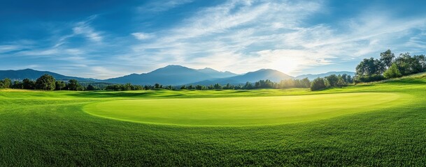 Lush Green Golf Course Landscape Under Bright Blue Sky with Soft Clouds and Distant Mountains on a Sunny Day