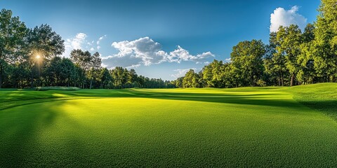 Obraz premium Lush Green Golf Course Landscape with Sunny Sky and Peaceful Surroundings Ideal for Recreation and Sports Photography