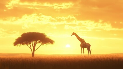 Giraffe silhouette beside a lone acacia tree, with a bright golden sky and gently rolling savannah terrain in the distance