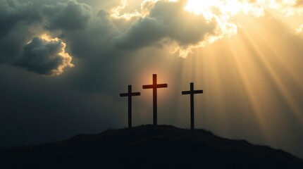 Naklejka premium Three Crosses Silhouette at Sunset Dramatic Religious Image