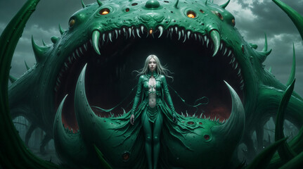 Naklejka premium Ta humanoid figure in a green, futuristic outfit standing in front of a large, menacing green creature with multiple eyes and sharp teeth, set against a dark, stormy sky.