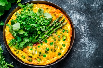 A colorful vegetable frittata is placed on a dark surface, showcasing bright green asparagus and a variety of fresh herbs that enhance its visual appeal and flavor