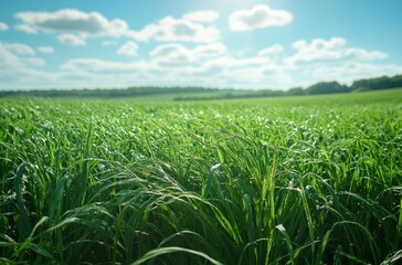 Fototapeta premium Lush Green Grass Field Under Bright Blue Sky with Fluffy Clouds and Gentle Breeze in a Peaceful Rural Landscape During Sunny Day