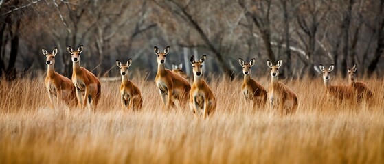 Lively group of red kangaroo peacefully grazing sun drenched plain of Queensland savanna their reddish brown fur glowing against lush green golden grassland Some stand alert ear perked while others