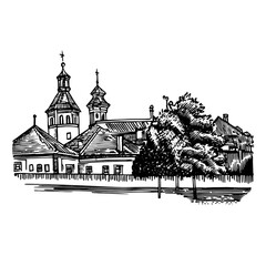 Obraz premium Engraved vintage illustration of a historical building with towers, trees, and a serene landscape setting