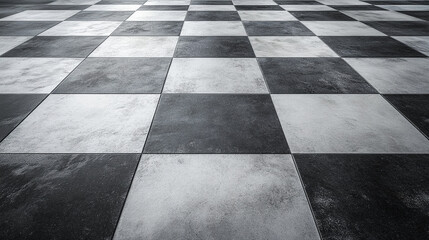 Fototapeta premium Black and white checkered floor with marble texture creating a chessboard pattern in a stylish architectural design.