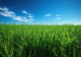 Obraz premium Lush Green Grass Field Under Clear Blue Sky with Wispy Clouds Captured in Bright Daylight
