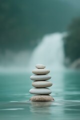 Balanced Stones in Water with Waterfall Background