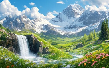 Obraz premium Majestic snow capped mountains above a flowing waterfall and meadow