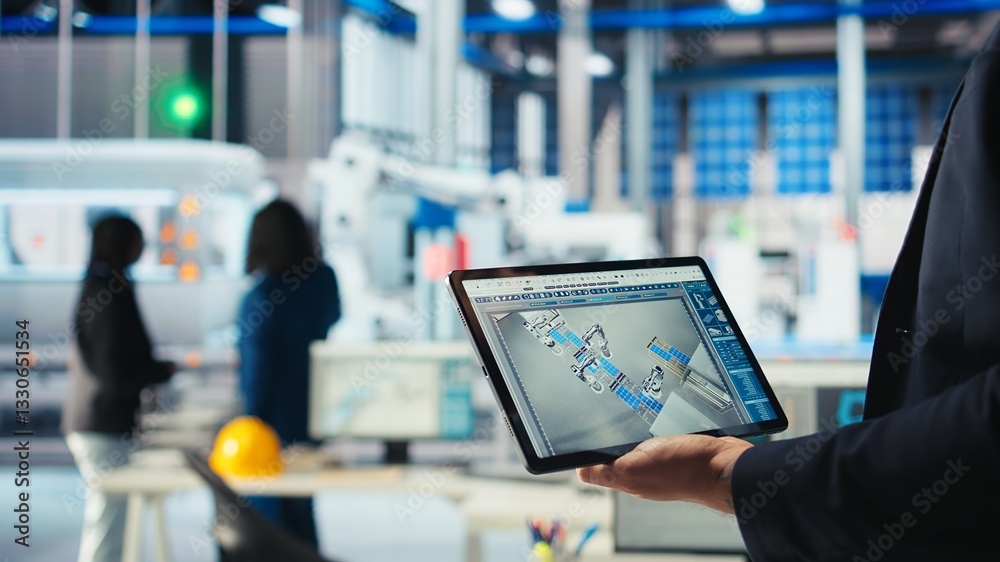Poster engineer in photovoltaics factory uses tracking software on tablet to review performance of robot ar