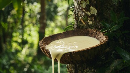 Fresh cut on a rubber tree trunk showing natural milky latex dripping into a bowl, surrounded by forest greenery