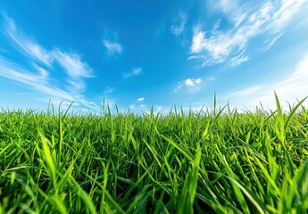 Obraz premium Lush Green Grass Under a Bright Blue Sky with Wispy Clouds Highlighting the Vibrant Colors of Nature in a Serene Outdoor Landscape