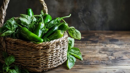 Naklejka premium Fresh green pepper and leaves in a woven basket on a wooden floor, rustic farmhouse vibe, natural color palette