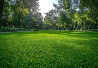 Obraz premium Lush Green Grass Under Bright Sunlight in Peaceful Park Surrounded by Vibrant Trees Creating a Calm Natural Landscape for Relaxation and Recreation