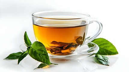 Glass cup of hot aromatic tea with leaves