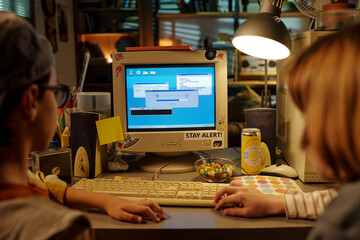 Two people working on an old computer setup with a CRT monitor in a warmly lit room creating a nostalgic atmosphere. Various items on desk including a drink can