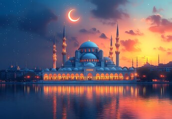 Fototapeta premium Stunning Mosque Illuminated at Sunset with Crescent Moon and Water Reflections