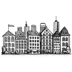 Obraz premium Engraved hand-drawn vintage skyline illustration featuring a blend of traditional and modern buildings