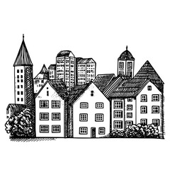 Fototapeta premium Engraved vintage vector illustration of a quaint town with various architectural styles and structures