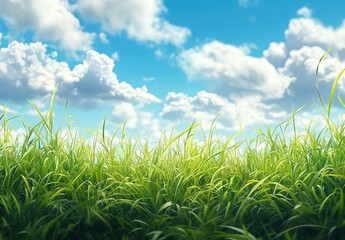 Obraz premium Lush Green Grass Underneath Bright Blue Sky with Fluffy White Clouds Creating Serene Nature Background for Outdoor Scenes and Landscapes