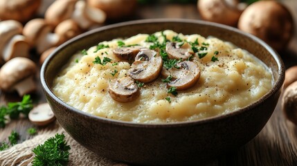 Creamy mashed potatoes with mushrooms in rustic bowl