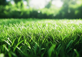 Fototapeta premium Lush Green Grass with Dewdrops Illuminated by Sunlight in a Serene Outdoor Setting, Perfect for Nature and Landscape Representation