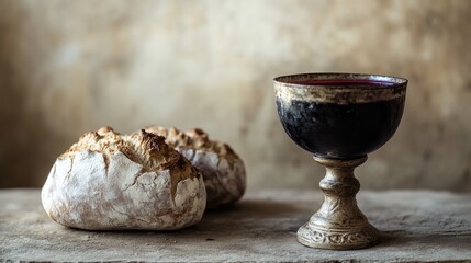 A holy chalice filled with wine sits next to bread, symbolizing the Eucharist and the sacred act of communion in Christian faith during significant holy days