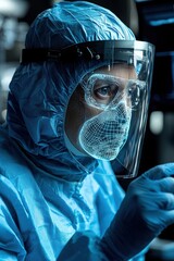 Health professional in protective gear focused on digital analysis in a modern laboratory setting