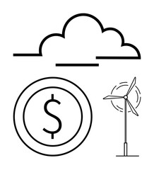 Cloud, wind turbine, and dollar symbol representing sustainability, renewable energy, economic efficiency, and innovation. Ideal for energy, money, environment future climate business minimalism