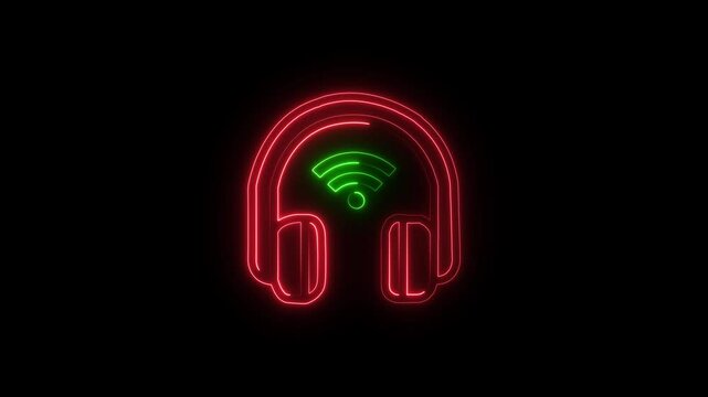 glowing neon wireless headphone icon isolated on black background. HD video motion graphic animatio