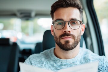 Choose the plan that suits your car insurance, Man in Glasses Holding Document Inside Vehicle on a Sunny Day
