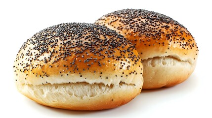 Sweet buns with poppy seeds on white background