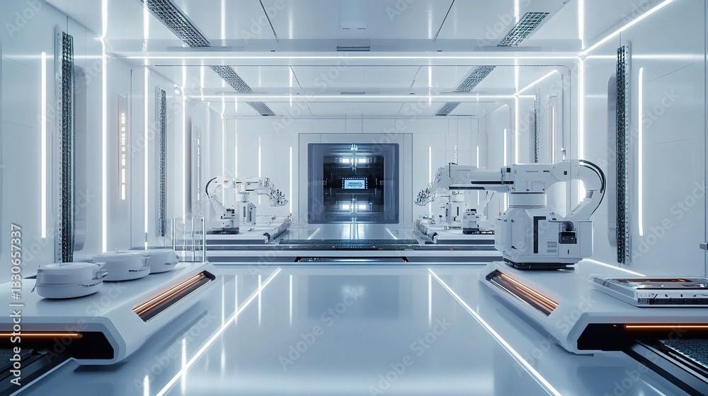 Poster futuristic factory with advanced automation and smart robots