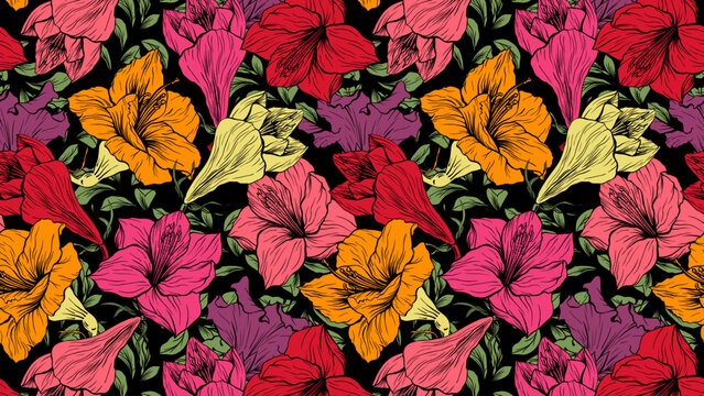 Large Flowers Vector Seamless Pattern Background Floral Design for Fabric Textile or Wallpaper, Elegant Amaryllis Botanical Line Art Print in Bright Red and Orange Colors