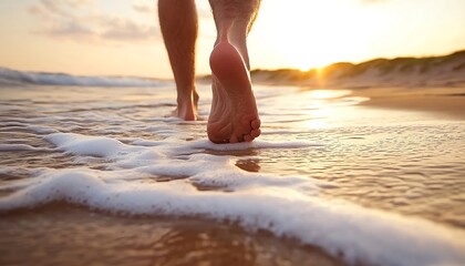 Barefoot Person Walking On Beach At Sunset