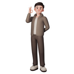 3D illustration of a casual cartoon man in brown dressed. shows ok or okay gesture with left hand