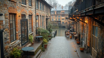 Fototapeta premium Cobblestone Lane with Charming Stone Buildings and Calm Canal