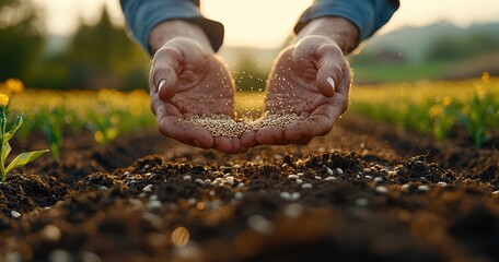 Hands are enthusiastically planting seeds in rich, fertile soil during a beautiful sunrise