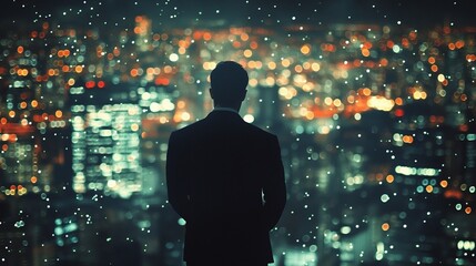 Businessman Observing City Lights at Night for Financial Growth