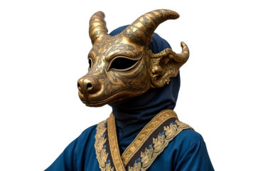 Armadillo in Gold-Trimmed Sapphire Blue Gown & Elaborate Venetian Mask on White Background