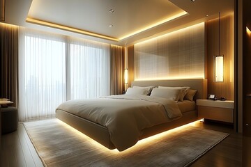 Modern Beige Bedroom Interior With Warm Lighting