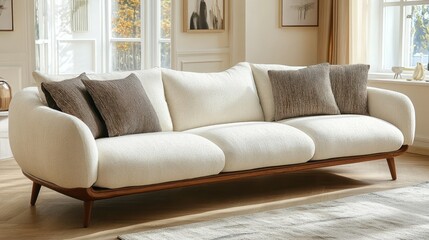 Off-white curved sofa with wooden legs, plush cushions