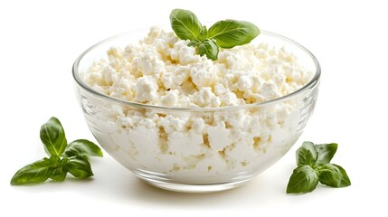 Cottage cheese in glass bowl on a white