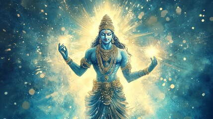 Fototapeta premium History Radiant Watercolor View Sacred Vishnu Golds