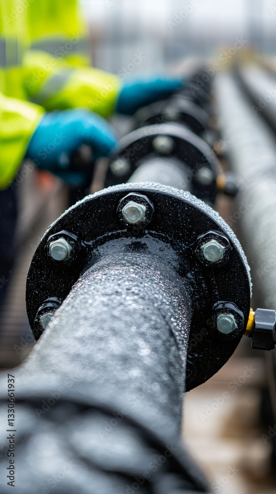 Aufkleber close-up of pipeline flange with water droplets, technician working in background, emphasizing indus