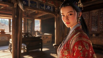 Fototapeta premium Traditional Attire in a Sunlit Room A Woman Dressed in Ornate Embroidered Clothing with Intri