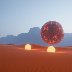 Surreal Scene in the Desert with Floating Spheres and Mysterious Mountain