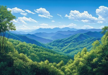 Obraz premium Lush Green Mountains Under Clear Blue Sky with White Clouds Above, Capturing the Beauty of Nature's Scenic Landscape in a Serene Environment