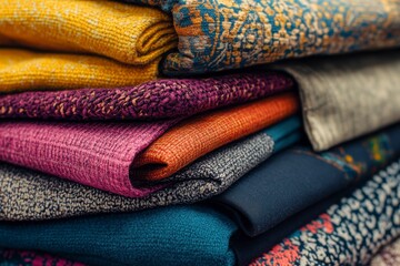 Pile of colorful folded knit fabric pieces for clothing, sewing, textile background, clothing design, tailoring