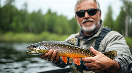 Obraz premium man with a fish standing on happy face.